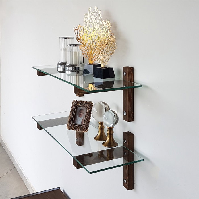 Hanah Home R200 Estantería de pared de cristal templado y madera de pino, Nogal